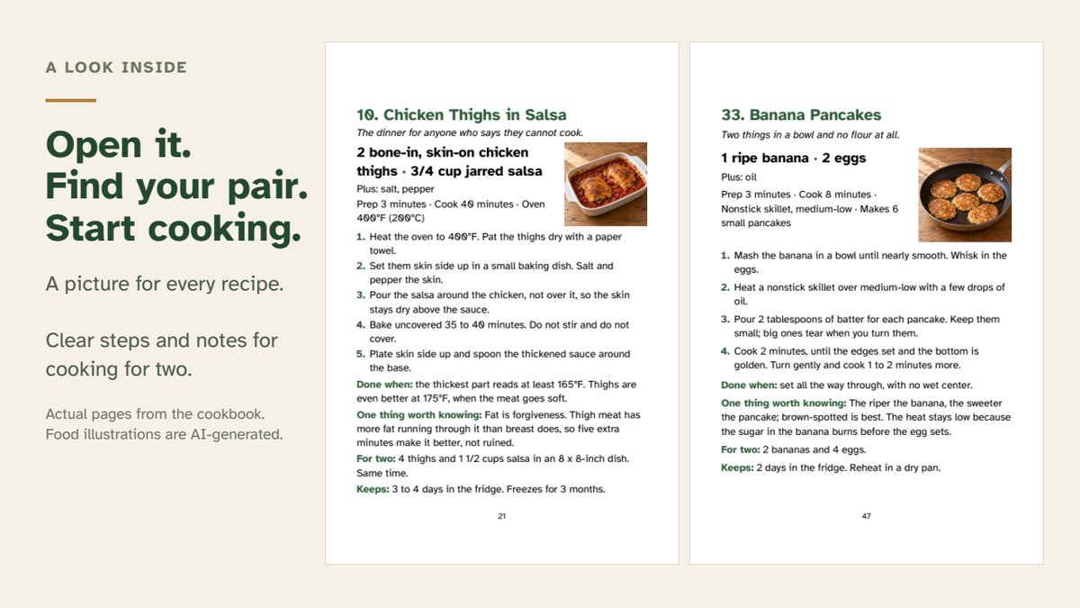 Two sample recipe pages from the cookbook, in large print with a picture each