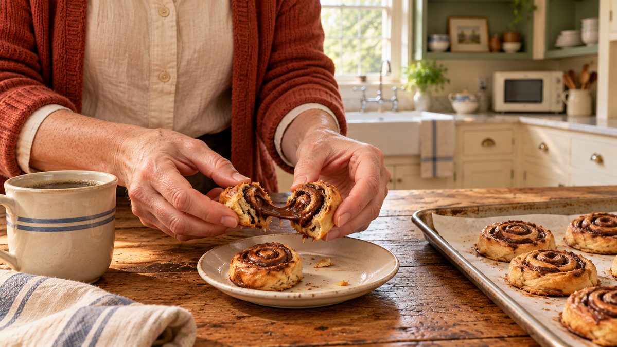 Still-warm pinwheel uncurled by two fingertips over a small white plate, a soft chocolate ribbon stretching between the halves, its twin and a coffee cup waiting behind
