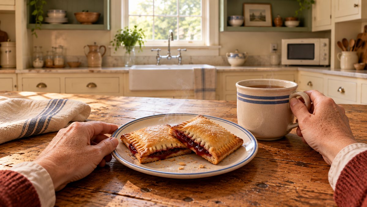 A pair of jam squares on a blue-rimmed side plate, steam still curling off the bubbling seams, a hand hovering and waiting beside a mug of tea, viewed from the chair