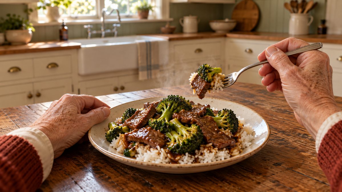 Beef and broccoli in glossy dark sauce spooned over a mound of white rice on one ordinary dinner plate, a single fork, enough for one, eater's angle