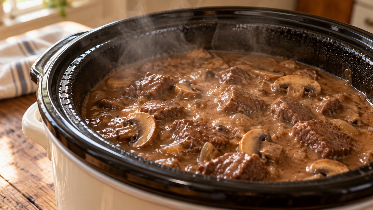 Beef stroganoff with mushrooms in a creamy brown sauce, finished in the slow cooker