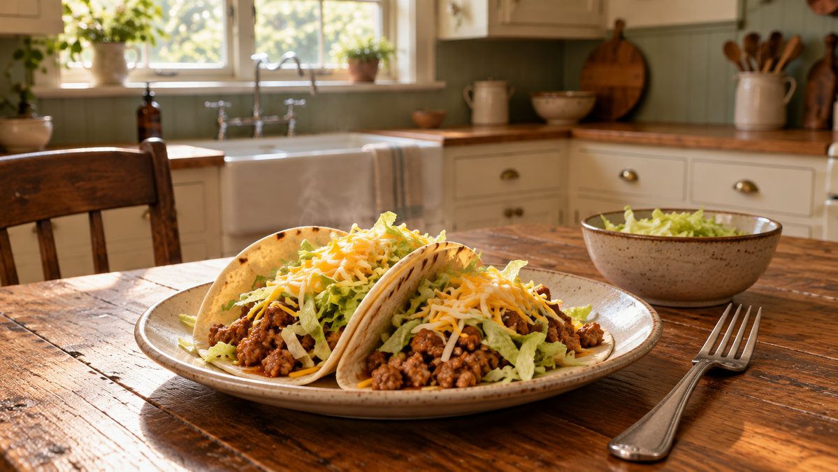 Two soft warm tortillas on one ordinary dinner plate, filled with seasoned turkey, shredded lettuce and grated cheese, a single fork beside them, enough for one, eater's angle across the oak