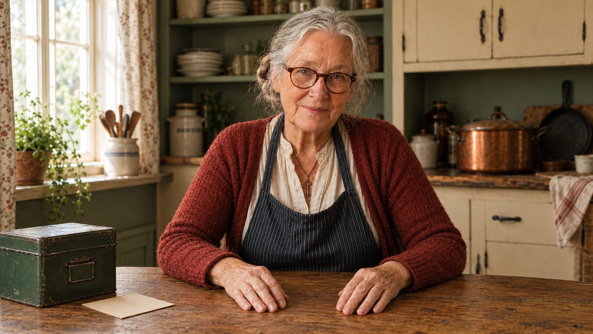 Ruth Bell, an AI-created character, at her kitchen table with a recipe box